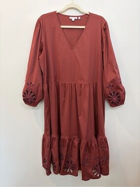 Chicos Cotton Poplin Eyelet Midi Long Sleeve V-Neck Dress Rust Brown Size 3 /16